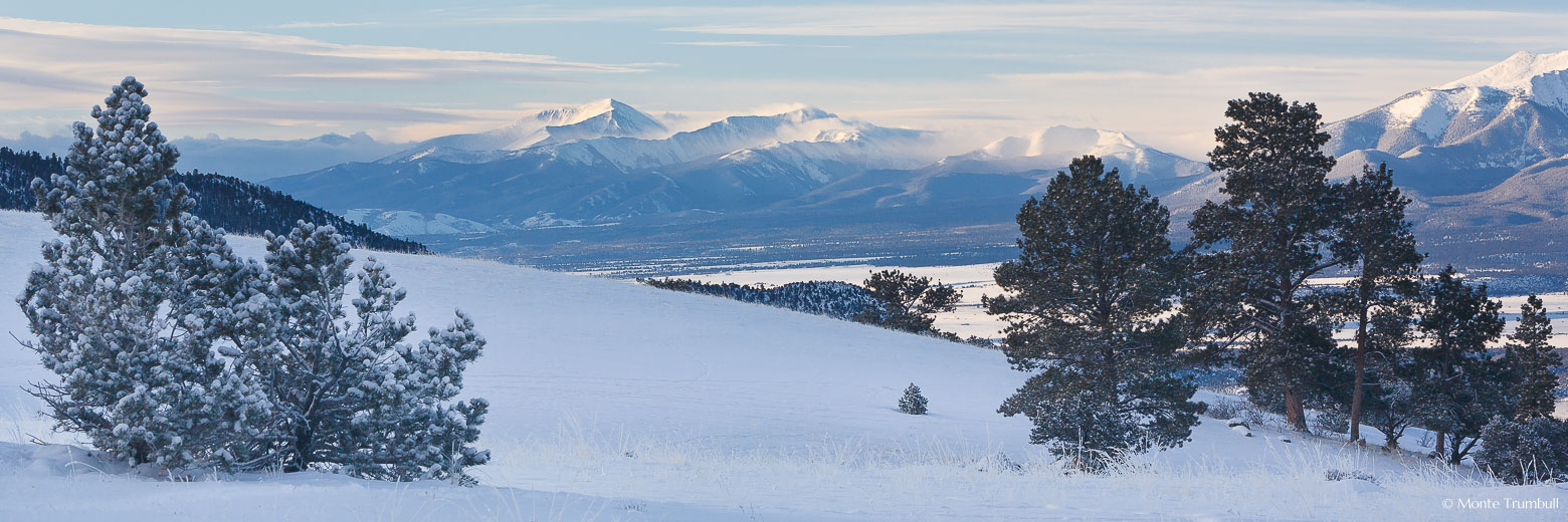 Panoramic image of the snow covered Sawatch Mountains from above Buena Vista, Colorado.