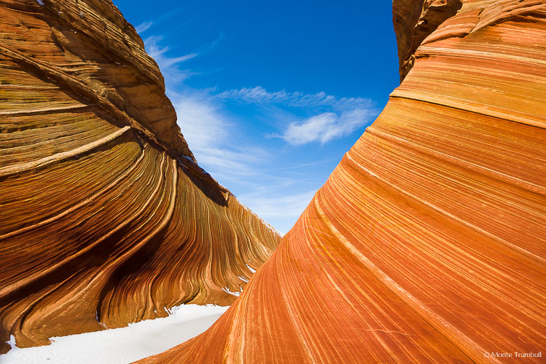 Fresh snowfall covers the floor of the red rock formations at The Wave in northern Arizona.