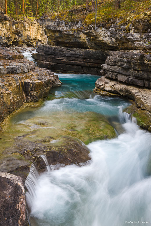 Beauty Creek carves its way through the limestone walls of Stanley Falls Canyon in Alberta, Canada.