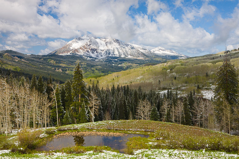 Early spring snowfall coats the Beckwith Mountains and contrasts the vibrant green landscape outside of Crested Butte, Colorado.