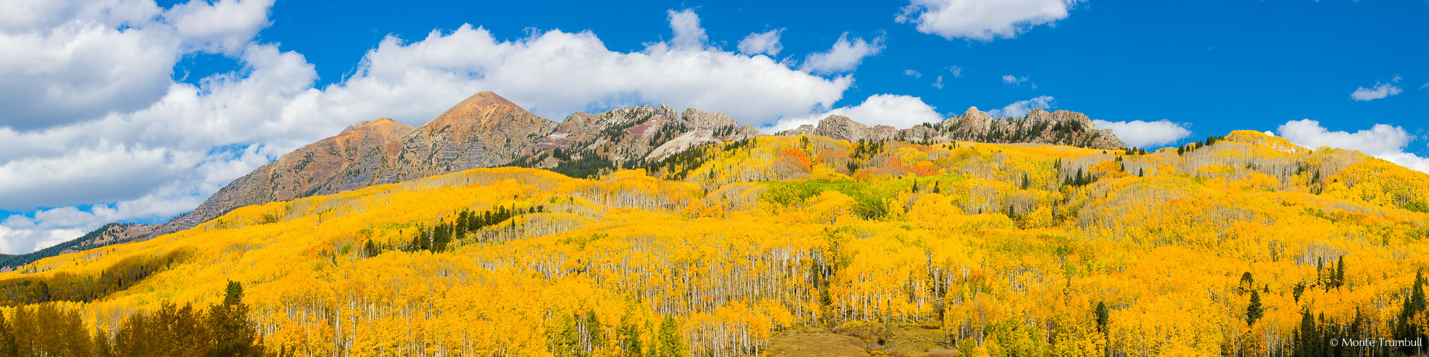 Brilliant golden aspens cover the mountainside at the base of Mount Owen and The Dyke outside of Crested Butte, Colorado.