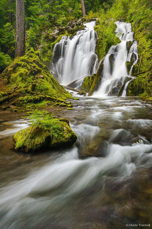 National Creek Falls splits and tumbles down a jagged basalt wall before falling into a shallow moss filled grotto in the Rogue River National Forest in southern Oregon.