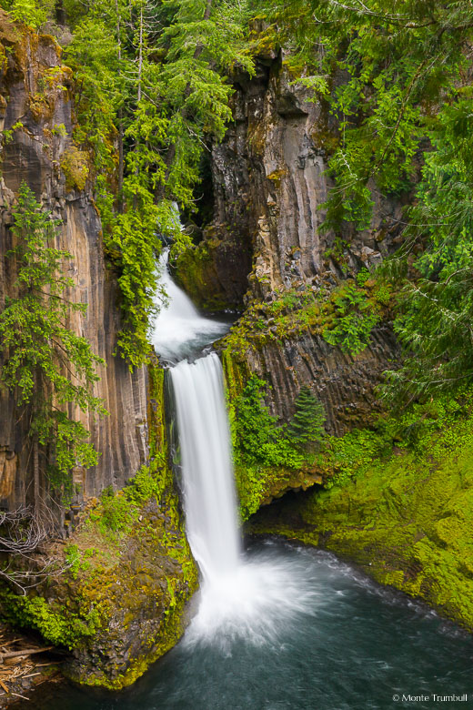 Toketee Falls flows through a deep gorge and drops gracefully over a wall of columnar basalt in the Umpqua National Forest in southern Oregon.