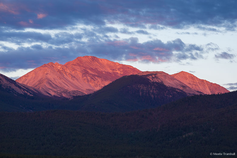 Mount Yale glows in the pink light of dawn in the San Isabel National Forest outside of Buena Vista, Colorado.