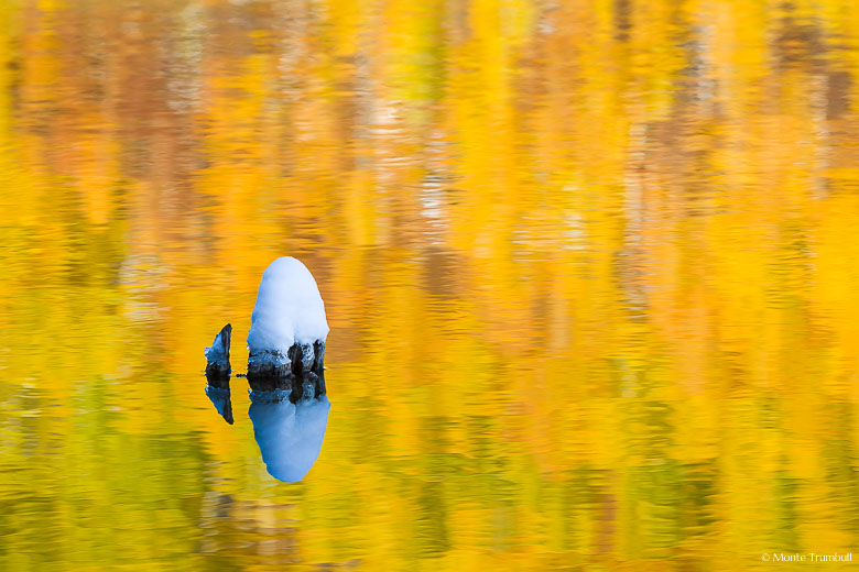 The snow-topped tip of a submerged stump protrudes from Crosho Lake amid a rainbow of colors reflected from a hillside of golden aspens in the Routt National Forest in northwest Colorado.