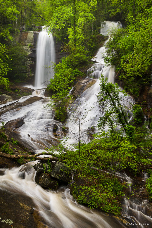 Reedy Cove Creek separates and takes different paths over a rocky ledge forming Reedy Cove Falls before merging downstream in the Jocassee Gorges Area in northern South Carolina.