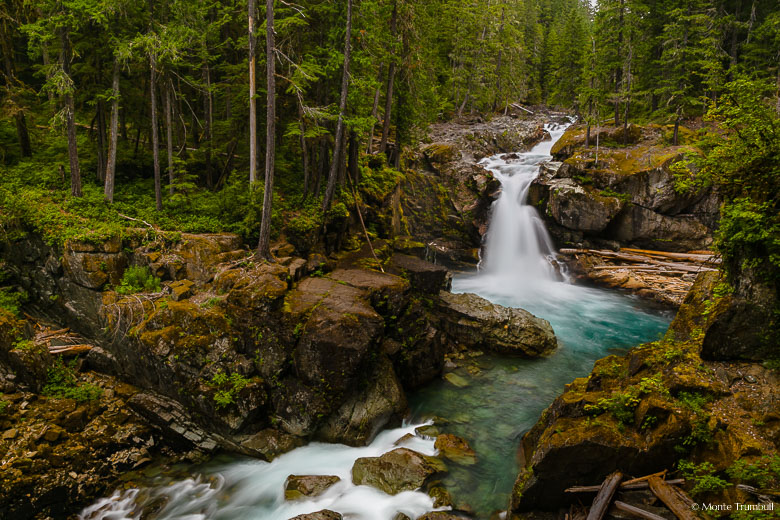 The Ohanapecosh River winds through a dense green forest and drops over Silver Falls into an aquamarine colored pool in Mount Rainier National Park, Washington.