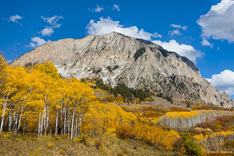 The sheer southwest face of Marcellina Mountain looms over a mountainside covered with golden aspens and rust/orange underbrush along County Road 12 west of Crested Butte, Colorado.