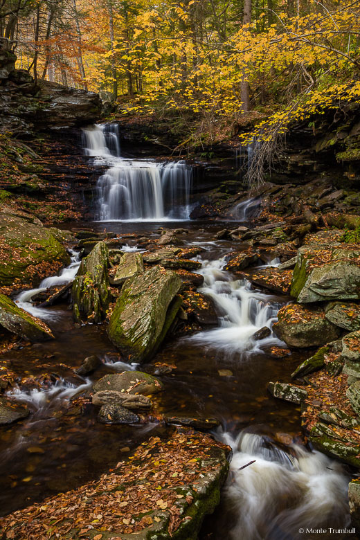 Kitchen Creek gracefully drops over B.B. Rickett Falls and winds around leaf covered rocks in autumn at Ricketts Glen State Park in northeastern Pennsylvania.