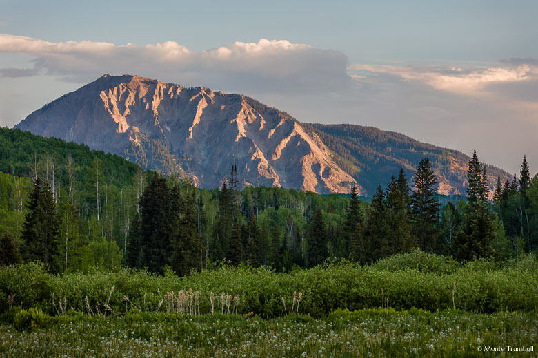 Marcellina Mountain basks in early morning sunlight beyond a lush green meadow in the Gunnison National Forest outside of Crested Butte, Colorado.