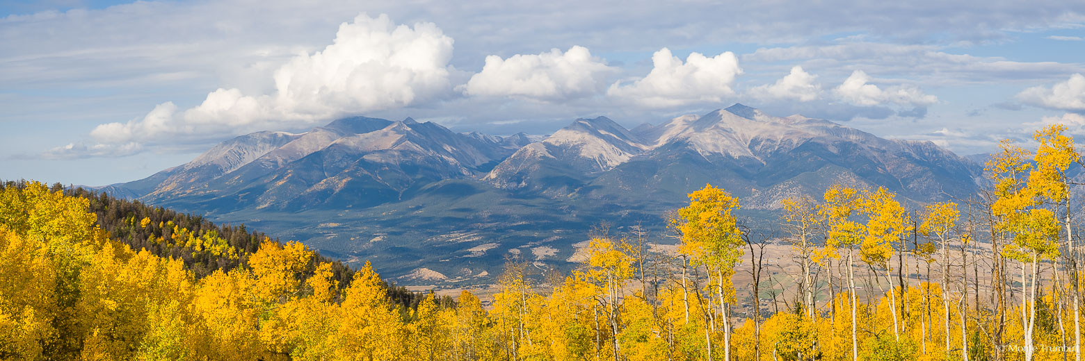 Golden aspen trees frame the southern mountains of the Sawatch range rising beyond the Arkansas River valley outside of Buena Vista, Colorado.