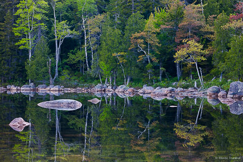 A shoreline covered in a colorful collection of colors is reflected in Jordan Pond at Acadia National Park in Maine.