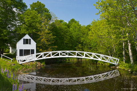 The brilliant white Somesville Bridge and surrounding spring green trees are relflected in calm water in Somesville, Maine.